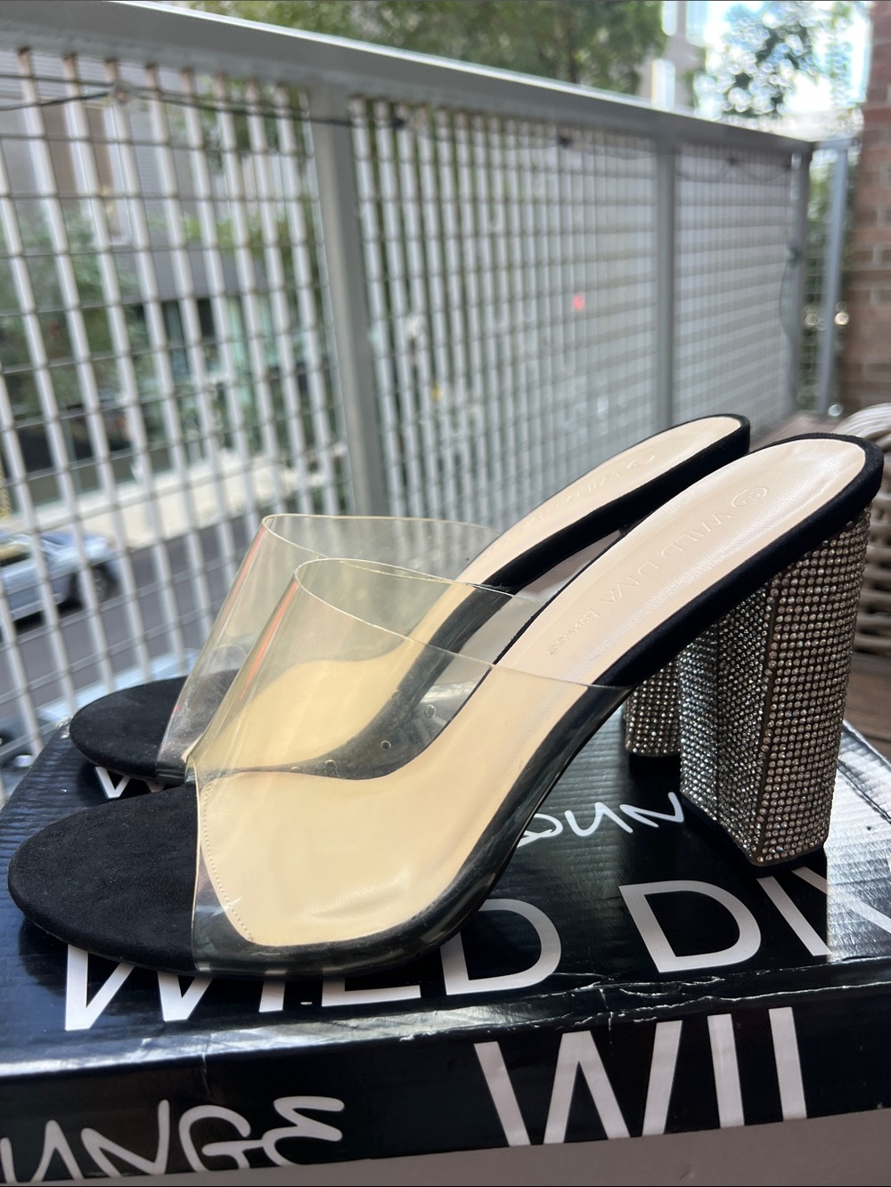 Wild Diva Black and Clear Rhinestone Block Heel Slides